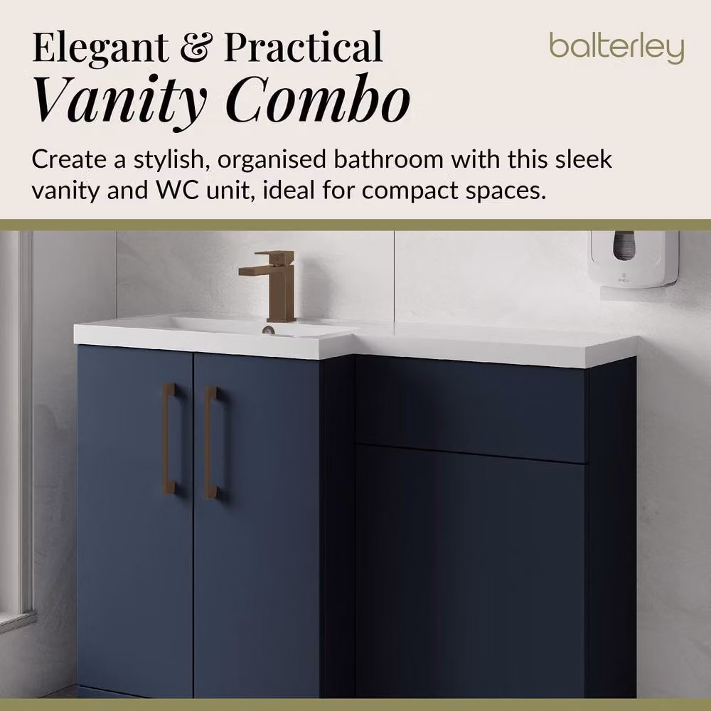 Balterley Blue Matt Left-Hand Vanity and WC Unit Combination with Brushed Bronze Details, W: 110 cm, H: 84 cm – 3