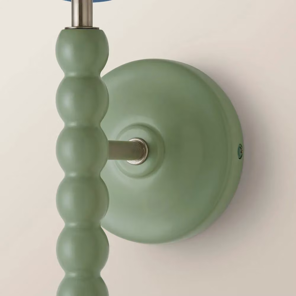 ValueLights Bobbins Pair of Green Wall Lights with Blue Fabric Shades and Bulbs – 3