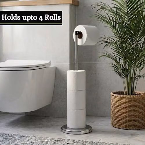 Orsina Luxe Silver Metal Freestanding Toilet Roll Holder with Hinged Arm and Spare Roll Holder, W/D/H: 19 x 35 x 24 cm – 5