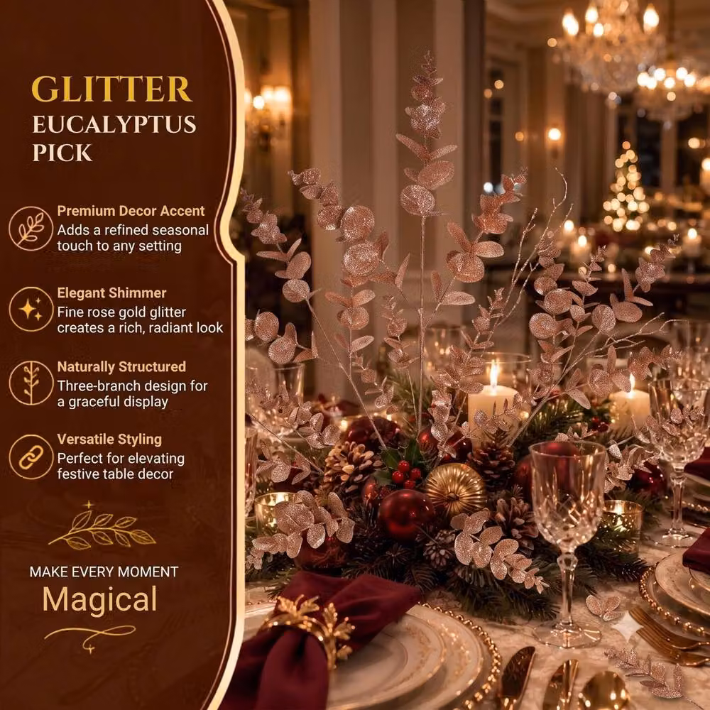 Shatchi Gold Glitter Artificial Eucalyptus Christmas Tree Picks, 12 Pack, Height: 55 cm – 10