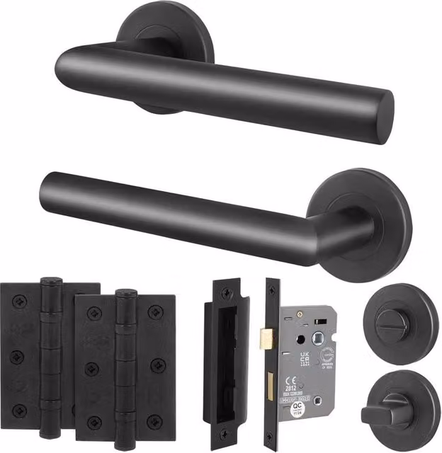 AFIT Matt Black Stainless Steel Bathroom Door Handle with Lock and Hinge Kit, Rose Diameter: 76 mm, Rose Size: 150 x 150 mm – 1
