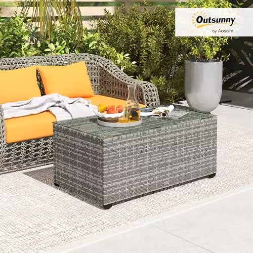 Outsunny Outdoor Rattan Coffee Table with Glass Top, Light Grey, W: 90 cm, D: 50 cm, H: 38 cm – 2