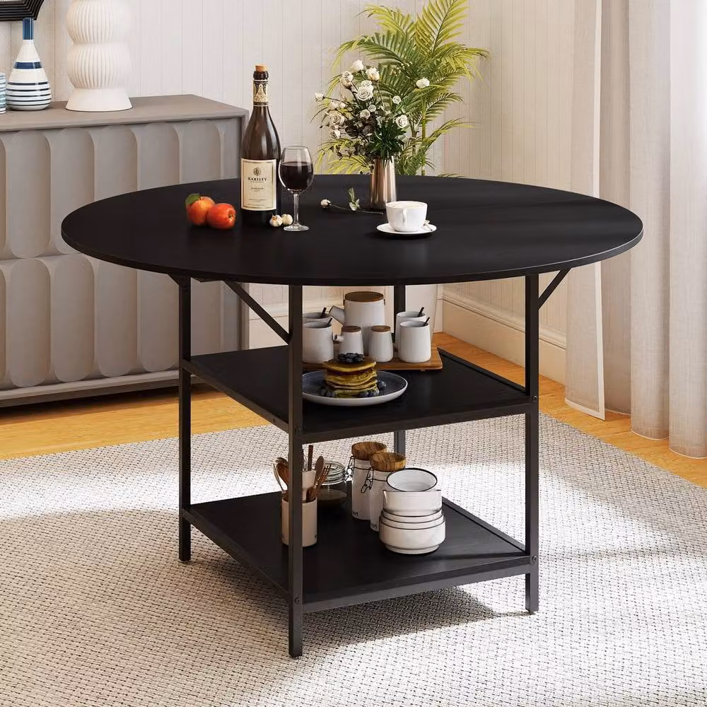 Costway Modern Round Dining Table with 2 Storage Shelves in Black, Diameter: 120 cm – 8