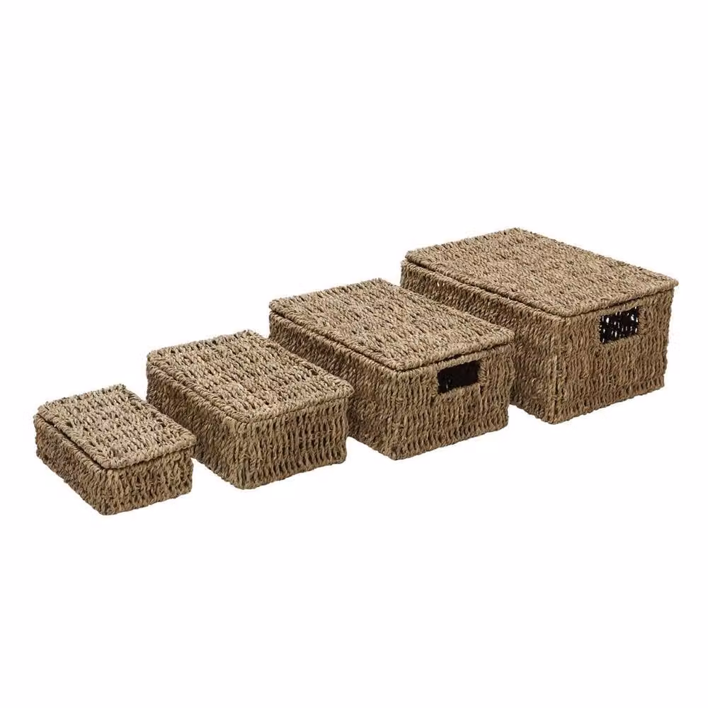 EONLION Set of 4 Brown Open Weave Rectangular Lidded Seagrass and Metal Storage Baskets, W: 50 cm, D: 50 cm, H: 50 cm – 2
