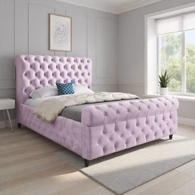 Casani Stenton Small Single Sleigh Bed Frame in Pink Soft Velvet – 1