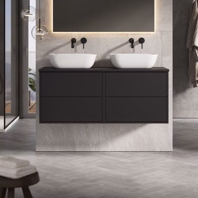 Banyetti Venti 1200mm Wall Hung Vanity Unit with Matching Worktop, Matt Black