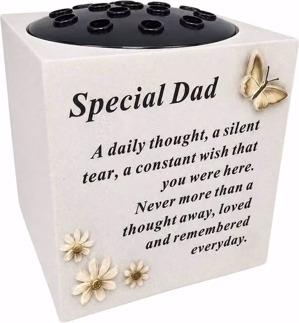 David Fischhoff Butterfly Memorial Graveside Vase in Cream Stone, W/D/H: 14.0 x 14.0 x 15.0 cm