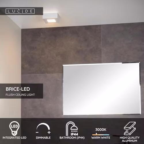 Lucide Brice Dimmable Square LED Flush Ceiling Light for Bathrooms, White – 2