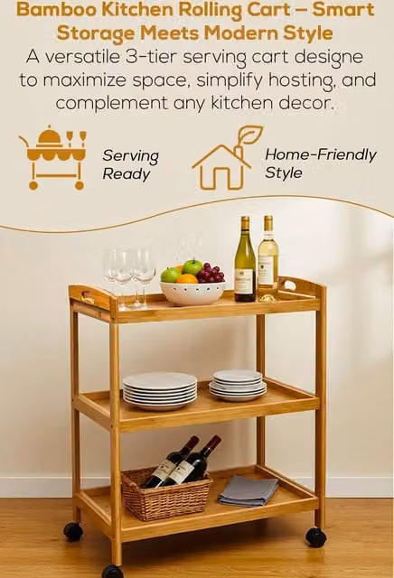 Hygrad 3 Tier Bamboo Kitchen Serving Trolley Island Cart with Wheels in Natural