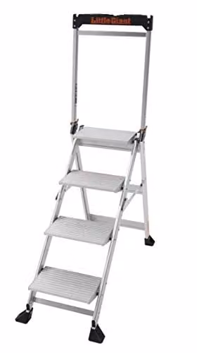 Little Giant 4 Tread Jumbo Folding Aluminium Step Stool in Silver with Built-in Tool Tray and High Handrail, Top Tread Height: 89 cm – 1