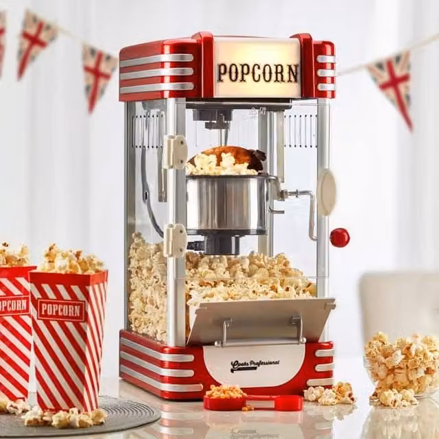 Cooks Professional Retro Popcorn Maker Machine 310W with Crank Handle and One Touch Control in Red