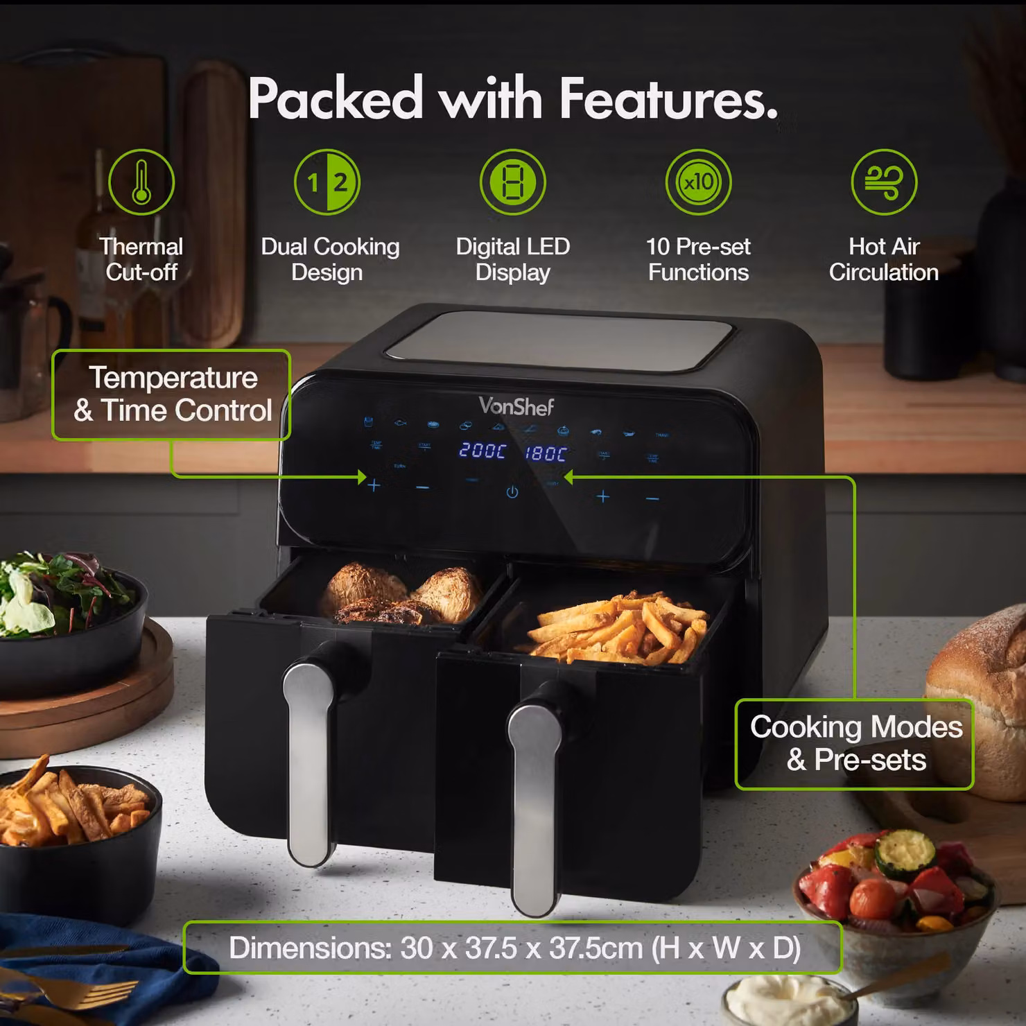 VonShef Dual Basket Air Fryer 9L with 2 Silicone Liners in Black – 2
