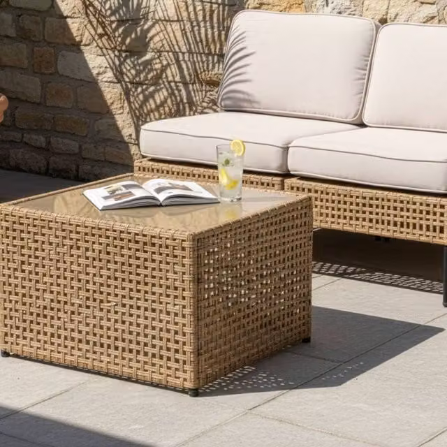 Wyld and Coco Beige PE Rattan Outdoor Coffee Table with Tempered Glass, W/D/H: 66 x 66 x 43 cm