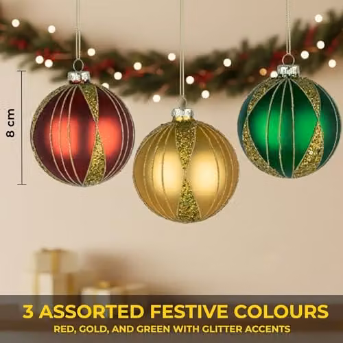 Shatchi 12-Piece Set of Red, Gold, Green and Multicolour Glass Christmas Baubles, 8 cm Round Hanging Ornaments – 5