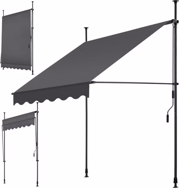 TECTAKE No-Drill Retractable Awning in Black/Grey with Polyester Fabric and Steel Frame, Width: 150 cm