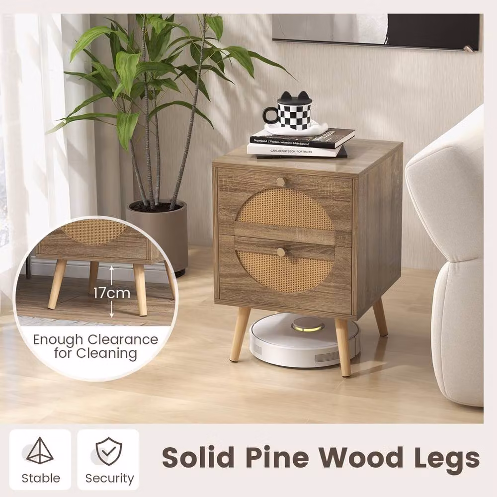 VOGREX Bohemian Rattan 2-Drawer Nightstand in Natural Brown and Beige – 3