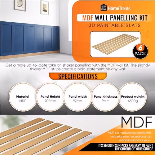 Home Treats Shaker Style 3D Wall Panelling Kit, 6 Brown MDF Wood Slats, W/D/H: 90 x 9.7 x 0.9 cm – 4