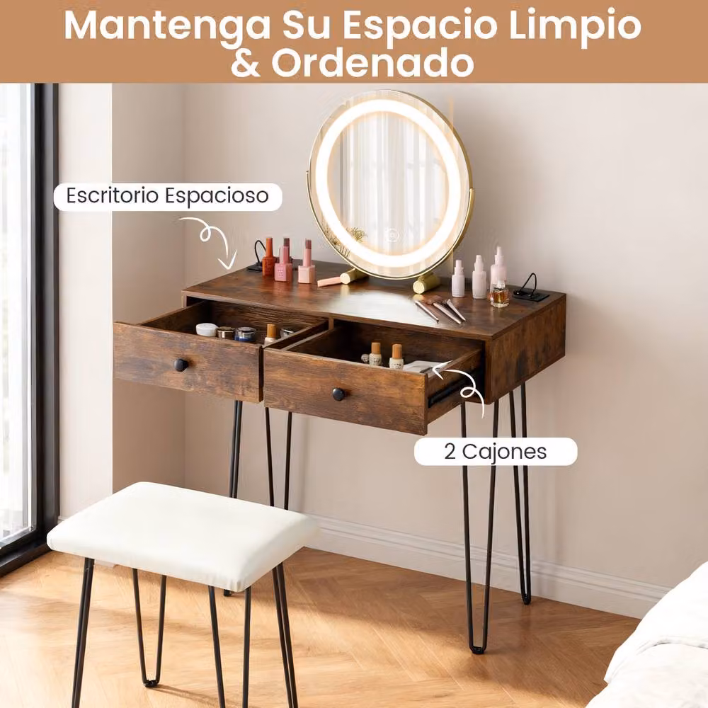 Costway Vanity Desk and Stool Set with Hollywood LED Mirror in Brown – 6