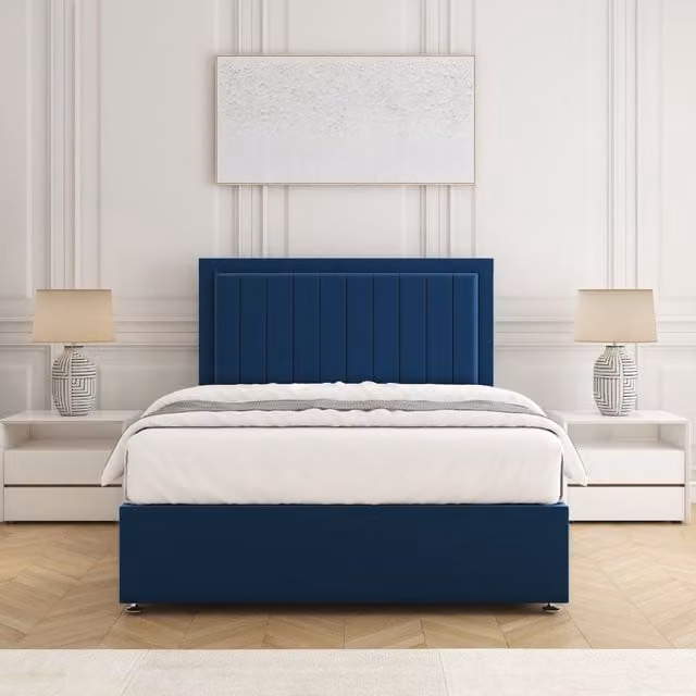 BSSPOKE Zarah Small Double Divan Bed Set with 24 inch Plush Velvet Headboard and Mattress in Blue