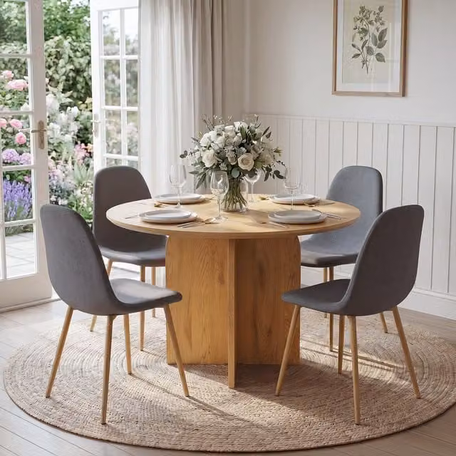 Home Garden Direct NYX Dining Set with Round Wood Effect Table and Grey Linen Chairs