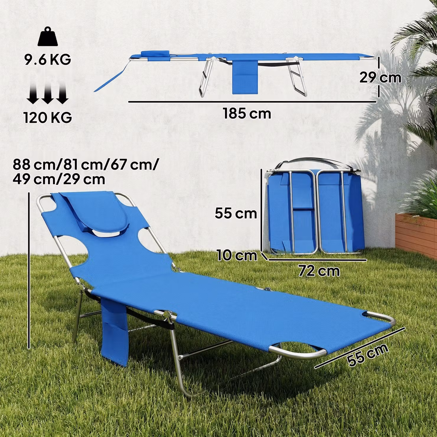 Outsunny Set of 2 Adjustable 5-Position Sun Loungers in Blue with Reading Hole and Side Pocket – 3