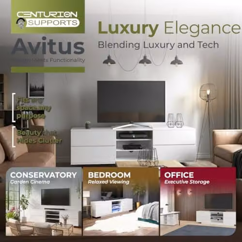 Centurion Supports Avitus High Gloss White TV Stand with 4 Drawers and 3 Shelves for 32-65 inch LED/LCD/Plasma Screens, W/D/H: 158 x 40 x 48 cm – 4