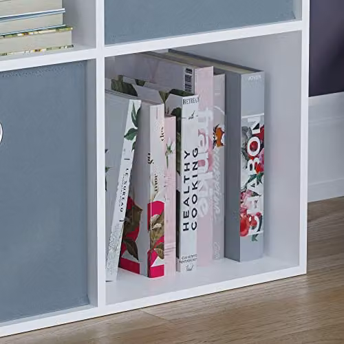 Vida Designs Durham 4 Cube Bookcase Storage Organiser with 2 Grey Baskets, White – 2