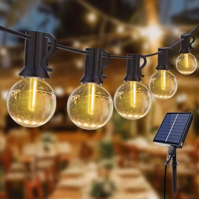 ExtraStar Solar LED String Lights with 10 G40 Warm White Glass Sphere Bulbs, Yellow
