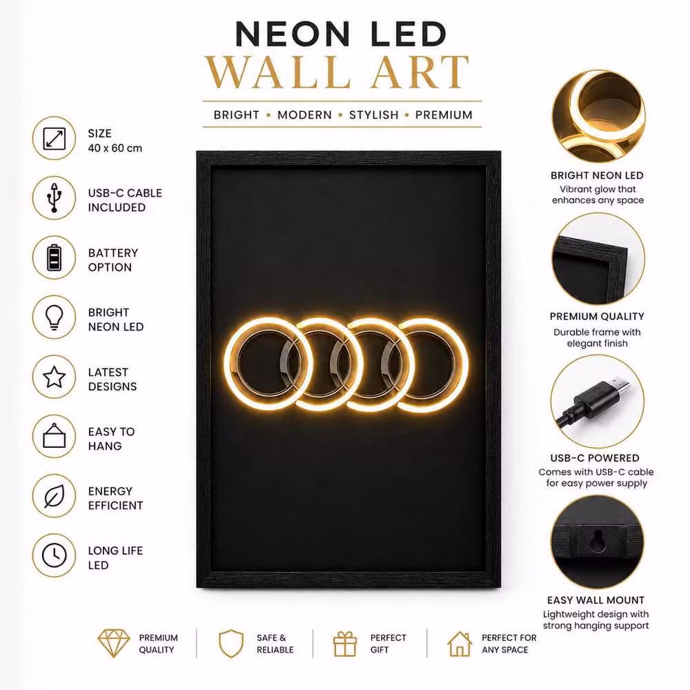 HOME LUXE INTERIOR Audi Neon LED Wall Art, Black, W: 40 cm, H: 60 cm – 6