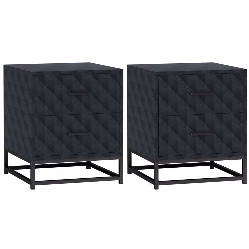 Wyld Haus Roel Set of 2 Black Bedside Tables with 2 Drawers and Steel Legs – 2