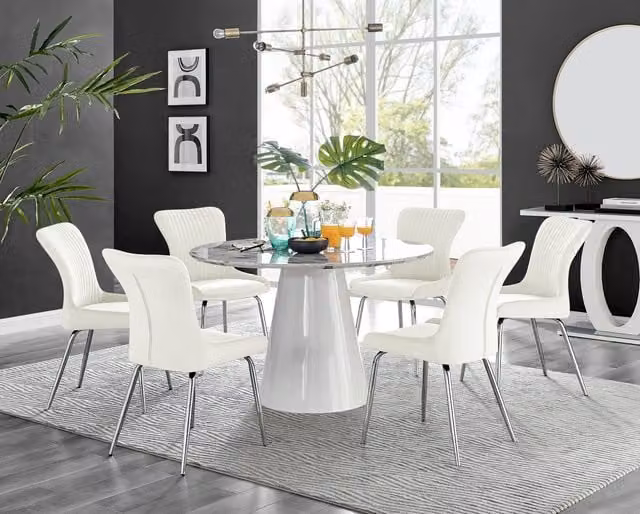 Furniturebox Palma White Marble Effect Round Dining Table and 6 Nora Silver Leg Chairs Set
