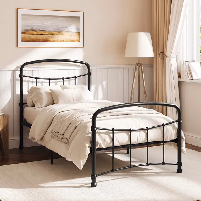 Arcforge Black Metal Bed Frame with Curved Headboard, W/D/H: 90 x 190 cm