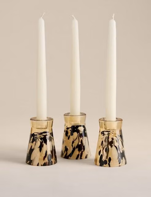 M&S Set of 3 Multicolour Modern Glass Animal Confetti Taper Candle Holders