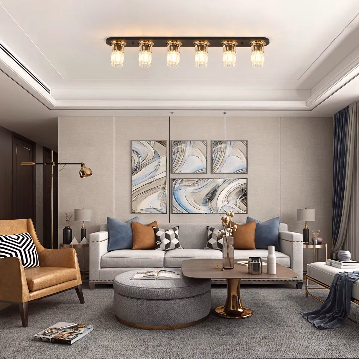 Garwarm 6 Light Crystal Dimmable Flush Mount Ceiling Light in Black and Gold/Brass, W: 120 cm – 7