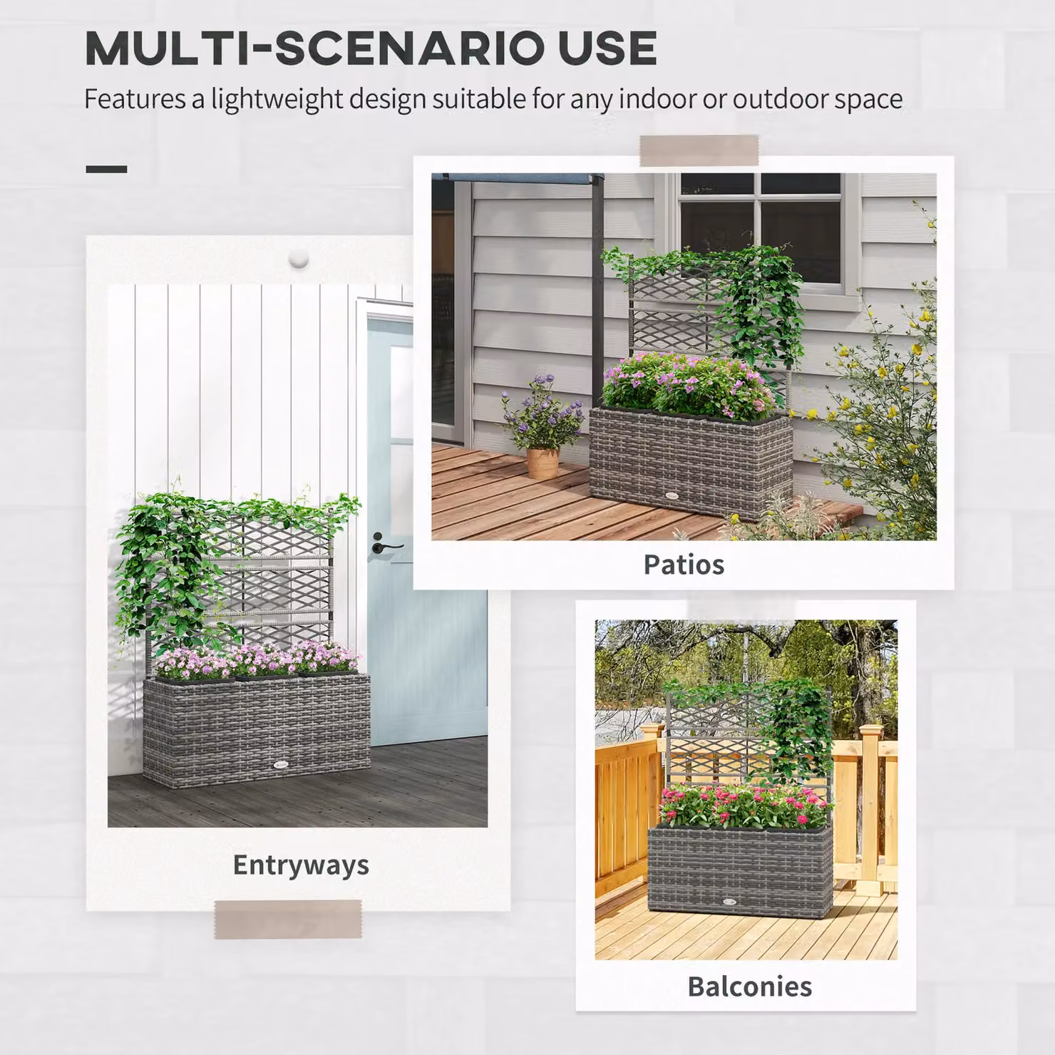 OUTSUNNY Light Grey PE Rattan Raised Bed Planter with Trellis, W/D/H: 84 x 30 x 107 cm – 3