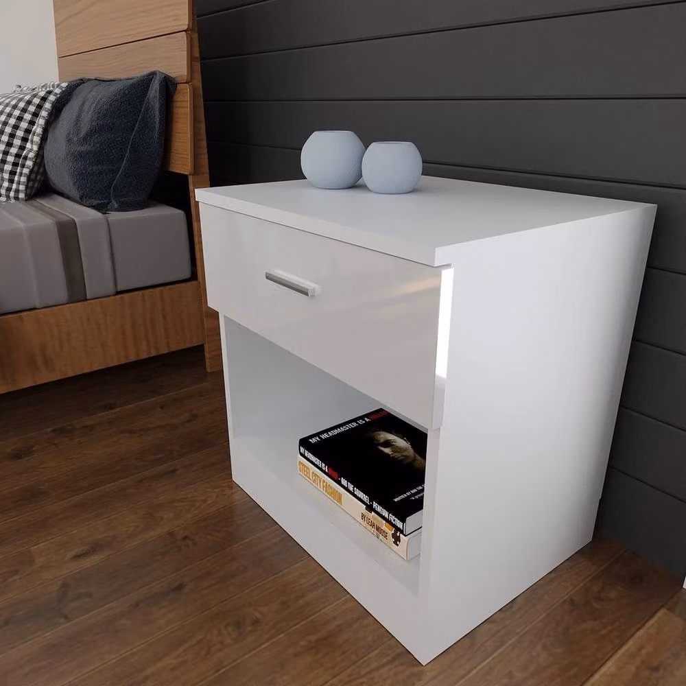 FORGEVIO High Gloss White Bedroom Storage Cabinet and Bedside Table Set – 3