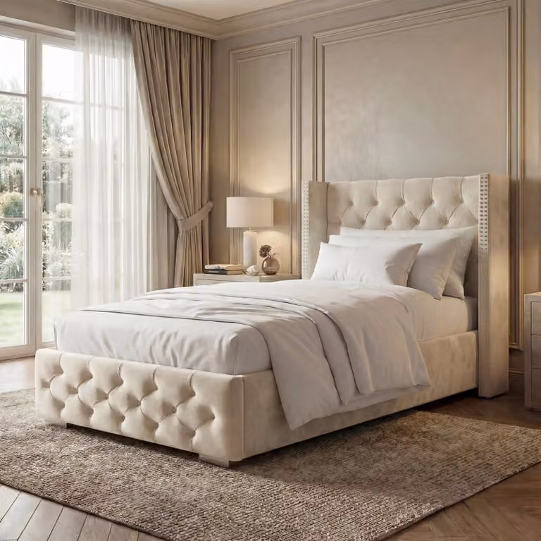 DHS Cross Pattern Velvet Winged Ottoman Storage Bed in Beige, Single (90 x 190 cm)