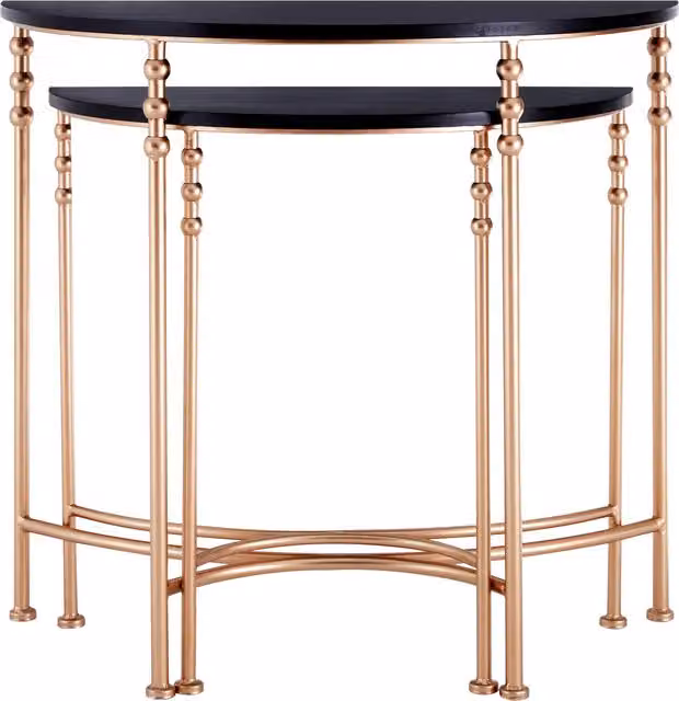 Orsina Set of Two Half Round Console Tables with Rose Gold Accents and Matte Black MDF Tops