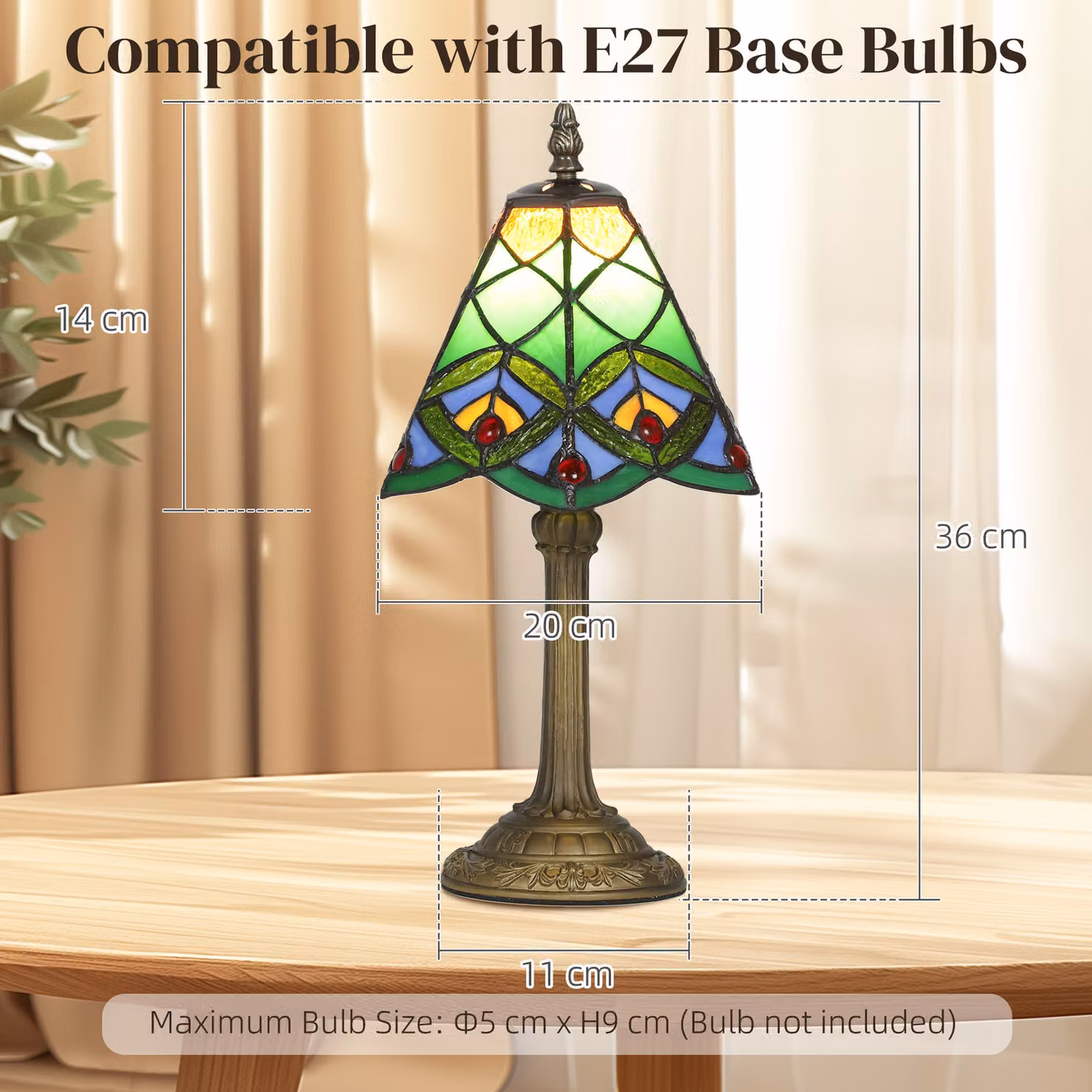 HOMCOM Tiffany-Style Stained Glass Table Lamp in Green and Bronze with E27 Socket – 3