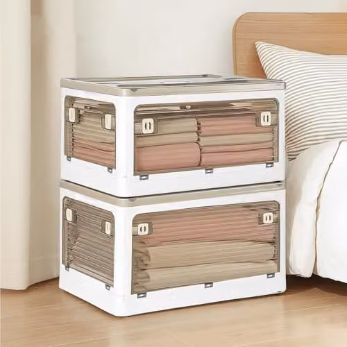 Levede 2 Pack Stackable Plastic Storage Boxes with Lids and Wheels, White and Transparent, 55L per Box