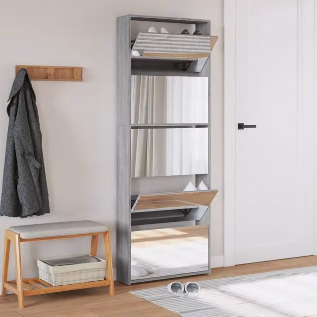 Berkfield Home 5-Layer Shoe Cabinet with Mirror in Grey, W: 63 cm, D: 17 cm, H: 169.5 cm