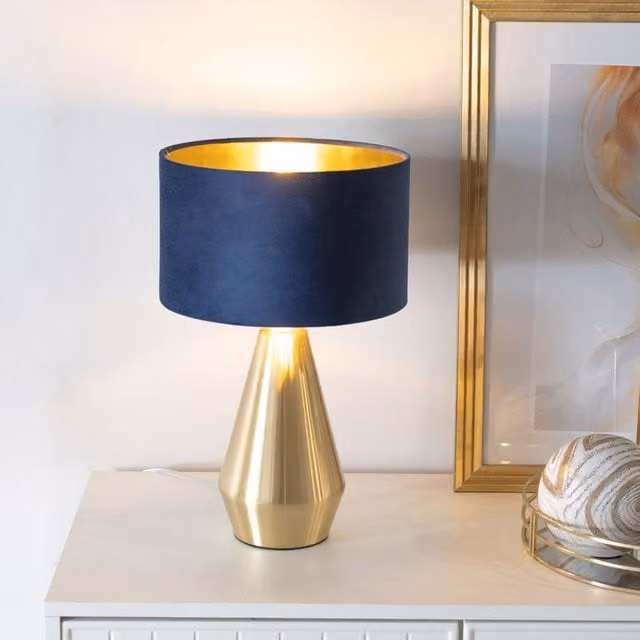 ValueLights Jax Dimmable Touch Table Lamp with Dark Navy Velvet Drum and Gold Inner Shade, including Bulb – 1