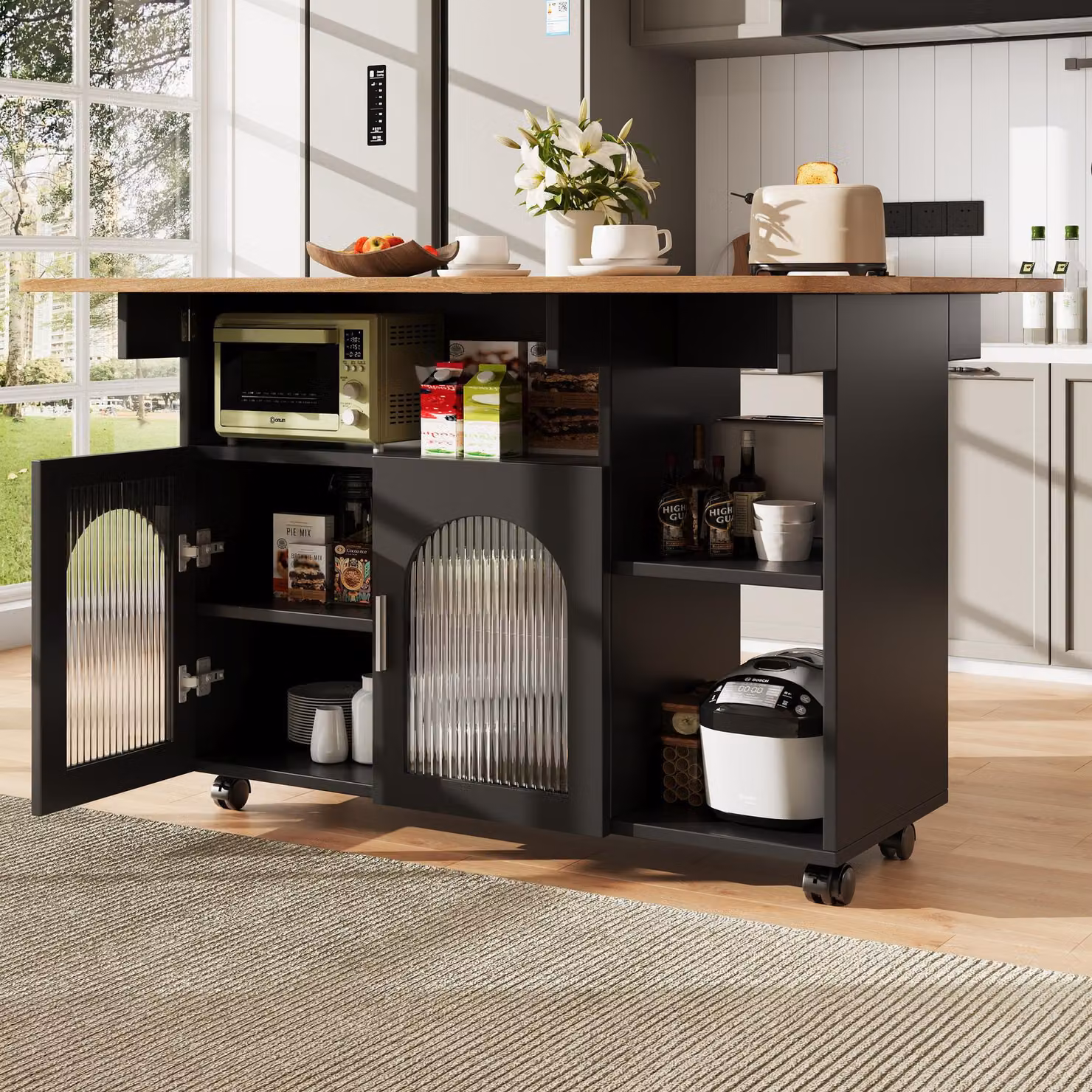 Aosom UK Multifunctional Mobile Kitchen Island with Folding Dining Tops and Storage, Black, W/D/H: 120 x 30-70 x 79.5 cm – 7