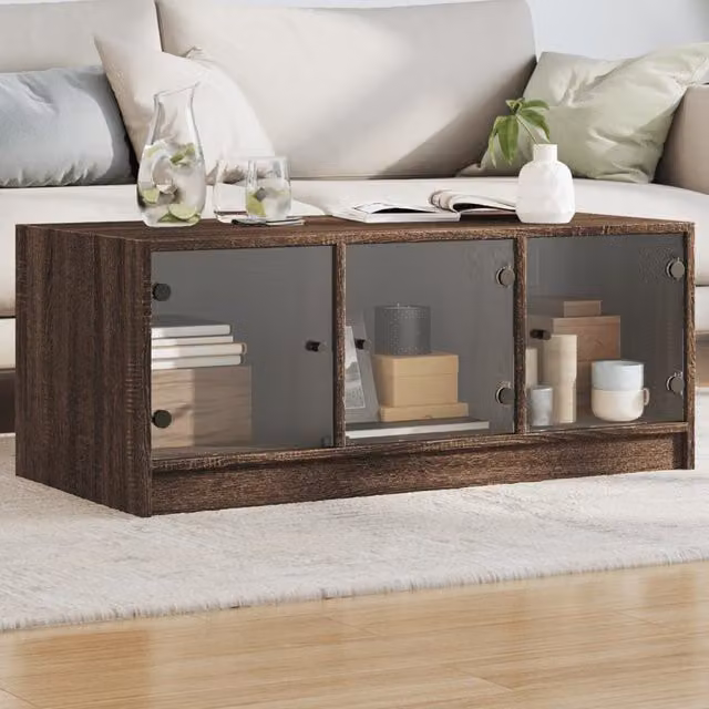 Berkfield Home Modern Coffee Table with Glass Doors in Brown Oak, W/D/H: 102 x 50 x 42 cm – 1