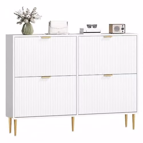 HOMCOM Narrow White Shoe Cabinet with 4 Tilting Compartments and Gold Accents, H 91.5 x W 105.0 x D 24.0 cm