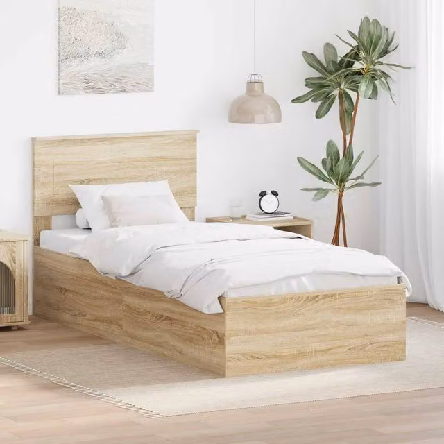 Berkfield Home Sonoma Oak Bed Frame with Headboard in Brown, Engineered Wood, W: 75 cm x L: 190 cm