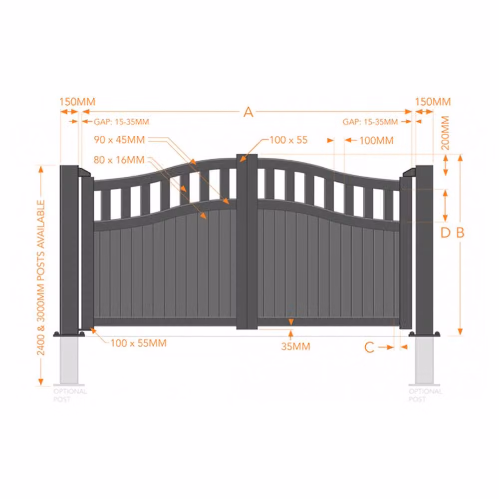 Ready Made Double Swing Gate with Vertical Solid Infill and Bell in Black, W: 400 cm, H: 220 cm – 2