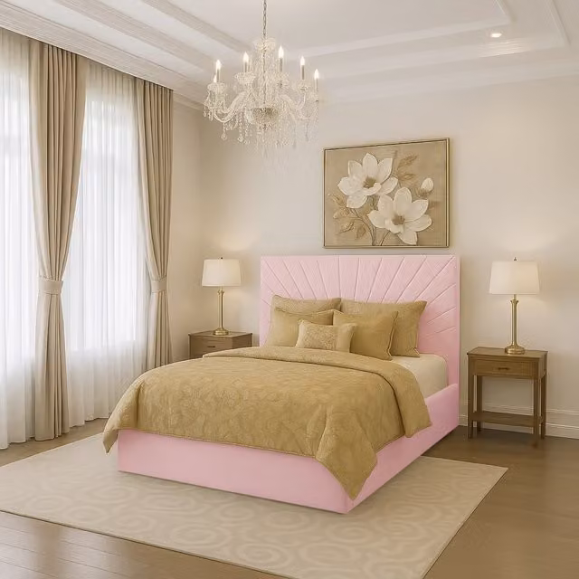 Desire Deco Sunrise Upholstered Velvet Bed Frame in Pink, 140 x 200 cm