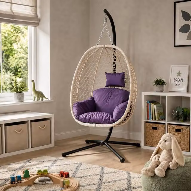 Samuel Alexander Rattan Hanging Egg Chair with Stand and Indigo Cushion in Purple
