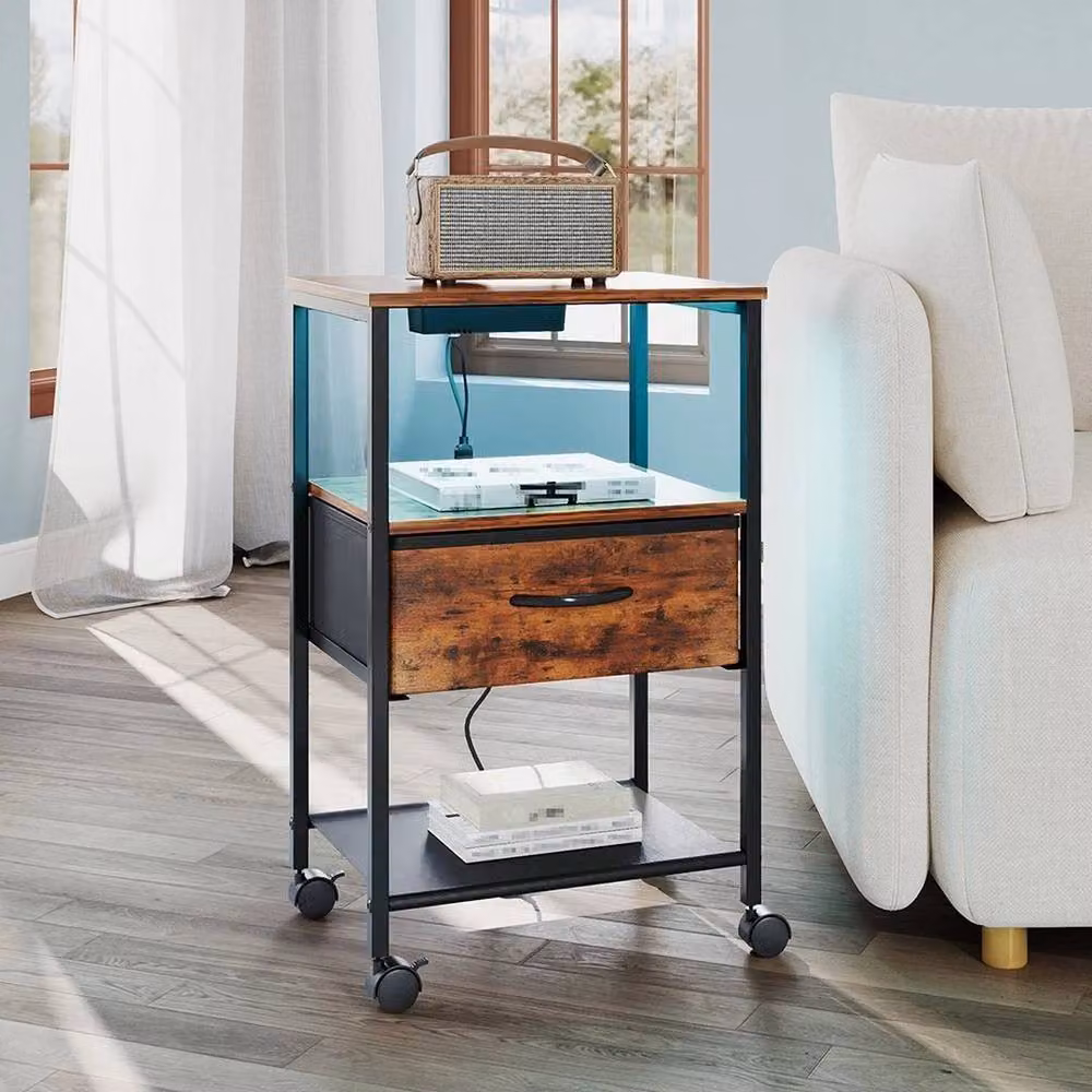 Kelvenix Brown Bedside Table Cabinet with Integrated LED Lighting and Charging Station – 4